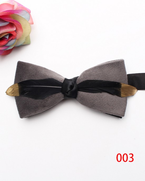 New style, solid-color, textured velvet bow ties for men with feather embellishments. Fashionable suit accessories and business bow ties available for wholesale.