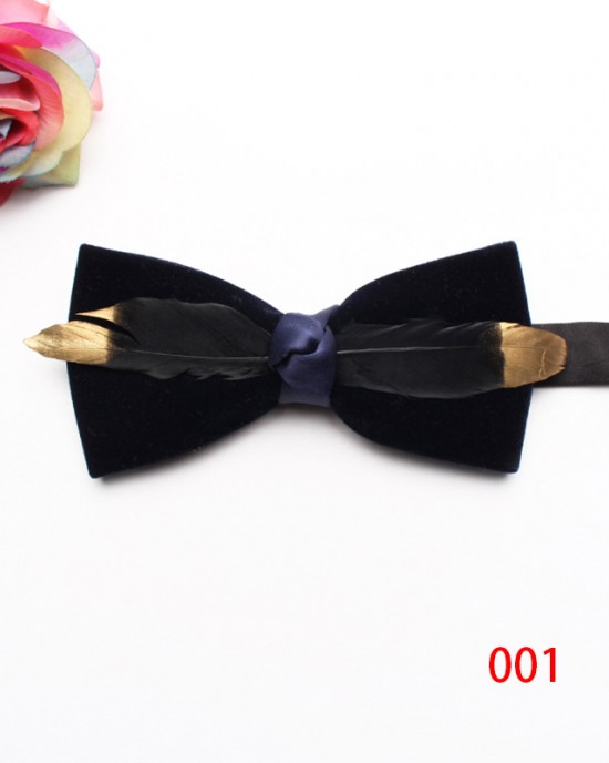 New style, solid-color, textured velvet bow ties for men with feather embellishments. Fashionable suit accessories and business bow ties available for wholesale.