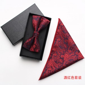 Burgundy paisley cashew pattern square bow tie gift set, two-piece men's business and fashionable wedding bow tie set.