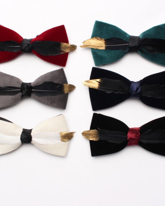 New style, solid-color, textured velvet bow ties for men with feather embellishments. Fashionable suit accessories and business bow ties available for wholesale.