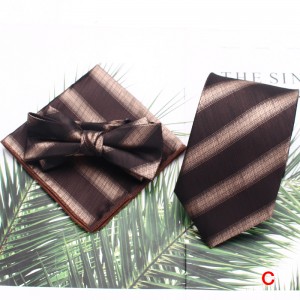 Men's tie sets, three-piece polyester striped tie, bow tie, and square handkerchief sets available Wholesale Suit Accessories