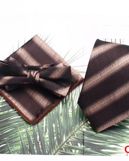 Men's tie sets, three-piece polyester striped tie, bow tie, and square handkerchief sets available Wholesale Suit Accessories